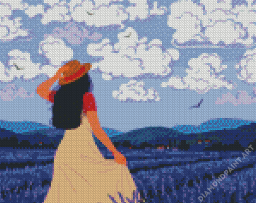 Illustration Girl In Lavender Field Diamond Painting