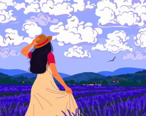 Illustration Girl In Lavender Field Diamond Painting