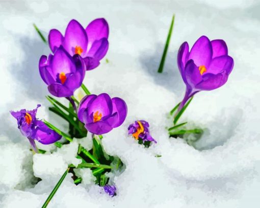 Purple Flowers In Snow Diamond Painting