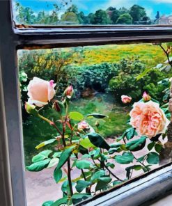 Roses Out The Cottage Window Diamond Painting