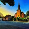 Village Church Sunset Diamond Painting