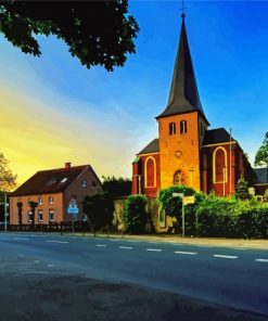 Village Church Sunset Diamond Painting