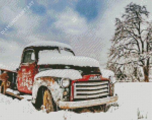 Classic Red Pick Up In Snow Winter Diamond Painting