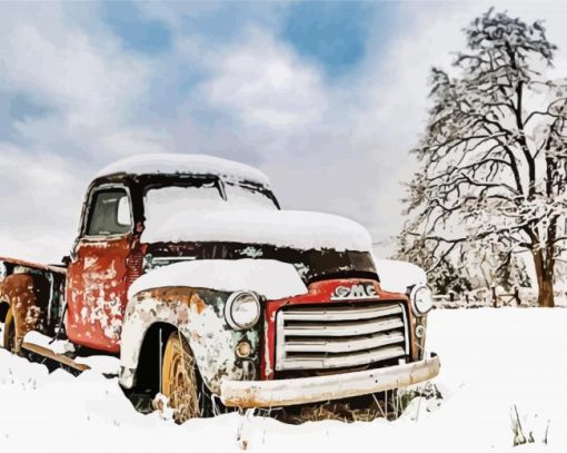 Classic Red Pick Up In Snow Winter Diamond Painting