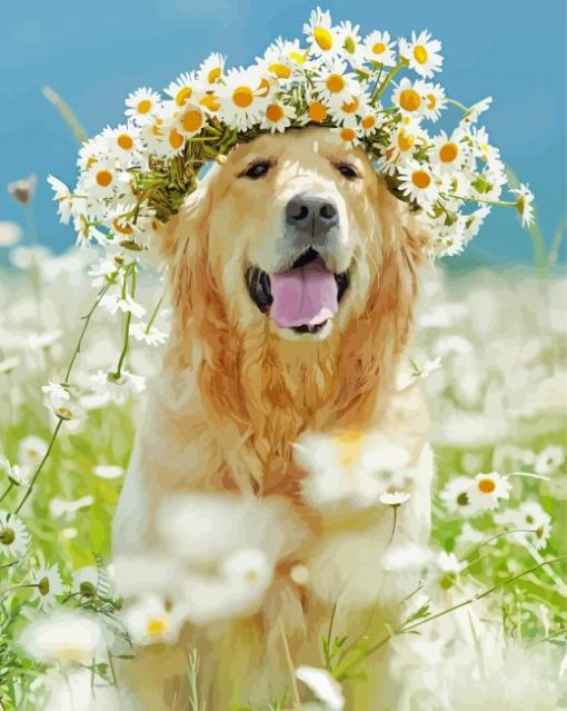 Golden Retriever In Daisies Field Diamond Painting