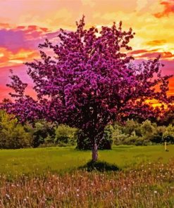 Lilac Tree Sunset Landscape Diamond Painting