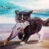 Black Cat With Fish Diamond Painting