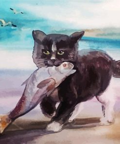 Black Cat With Fish Diamond Painting