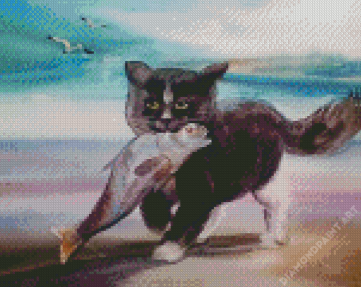 Black Cat With Fish Diamond Painting