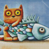 Cute Cat With Fish Diamond Painting