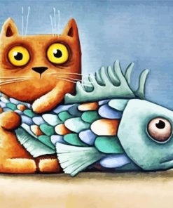 Cute Cat With Fish Diamond Painting