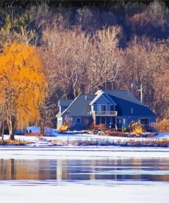 Houses Across Frozen River Diamond Painting