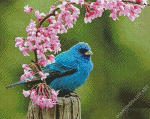 Indigo Bunting And Flowers Diamond Painting