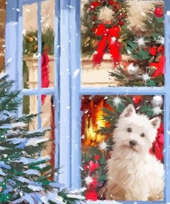 White Dog In Christmas Window Diamond Painting