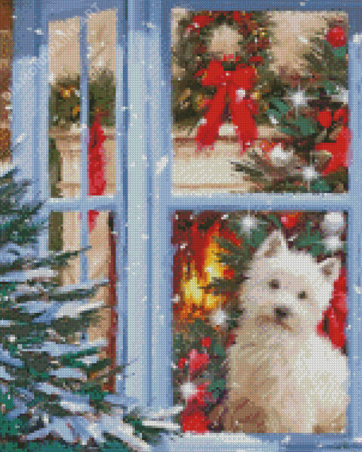 White Dog In Christmas Window Diamond Painting