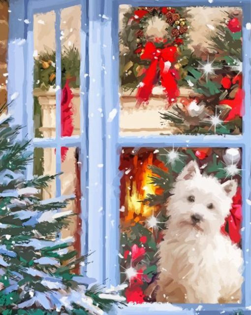 White Dog In Christmas Window Diamond Painting