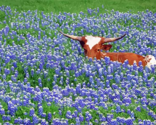 Bluebonnet And Longhorn Diamond Painting