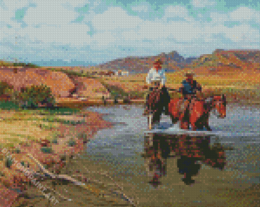 Cowboys And Horses In Water Diamond Painting