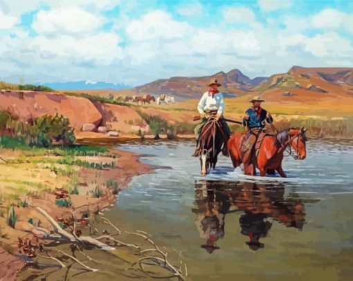 Cowboys And Horses In Water Diamond Painting