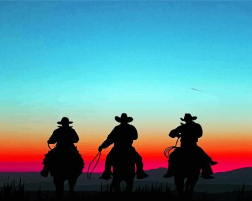 Cowboys And Horses Silhouette At Sunset Diamond Painting