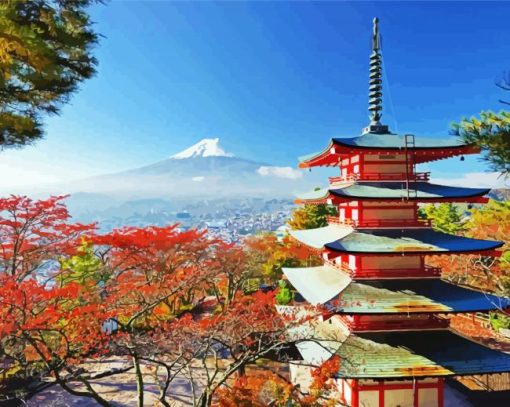 Japanese Temple With Snowy Mountains Diamond Painting