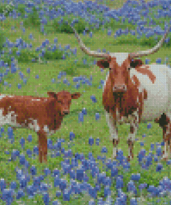 Longhorn And Calf In Bluebonnets Diamond Painting