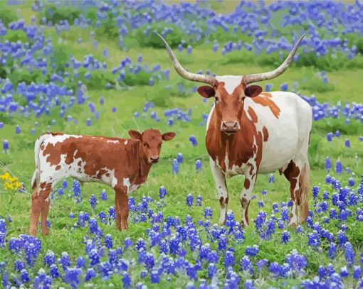 Longhorn And Calf In Bluebonnets Diamond Painting