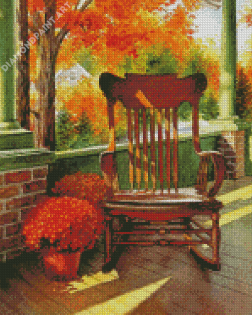 Rocking Chair With Red Mums Diamond Painting