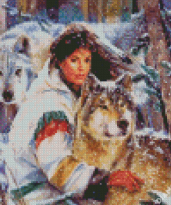 Wolves And Native Indian Woman Diamond Painting