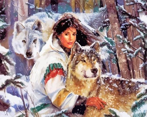 Wolves And Native Indian Woman Diamond Painting