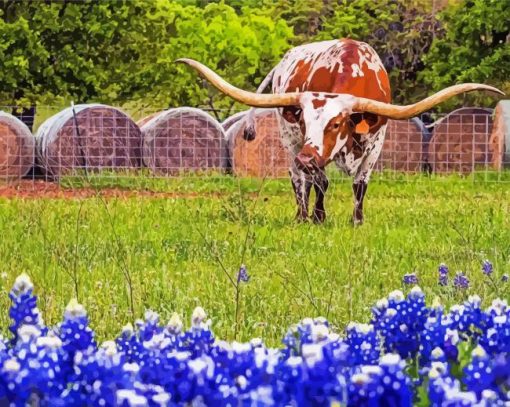 Aesthetic Bluebonnet And Longhorn Diamond Painting