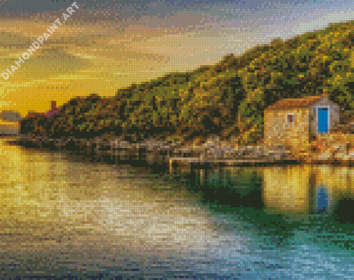 Cottage By The Sea Sunset Seascape Diamond Painting