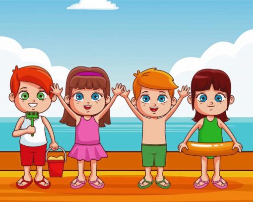 Cute Kids At Beach Cartoon Diamond Painting