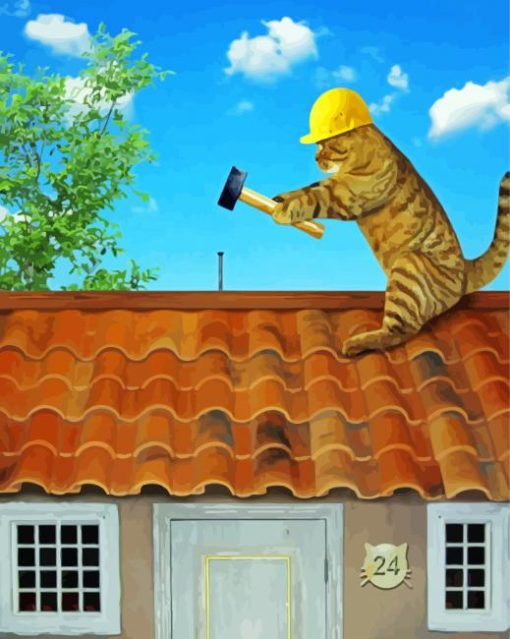 Funny Cat On Roof Diamond Painting