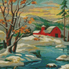 Snow Scene Farm Barn Woods Vintage Diamond Painting