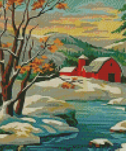 Snow Scene Farm Barn Woods Vintage Diamond Painting