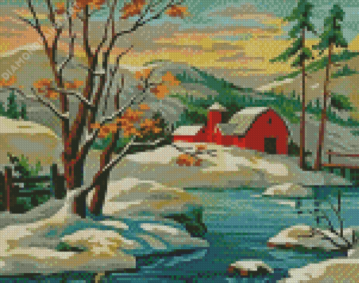 Snow Scene Farm Barn Woods Vintage Diamond Painting