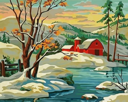 Snow Scene Farm Barn Woods Vintage Diamond Painting