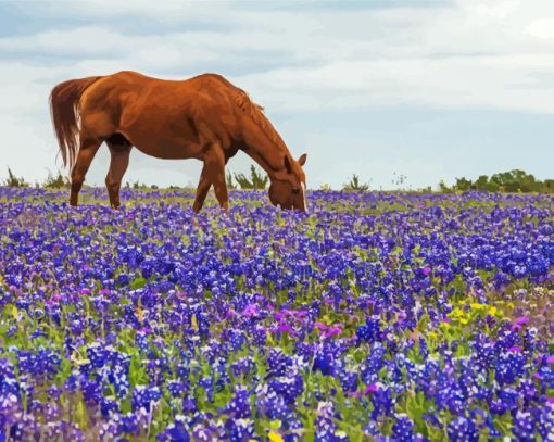 Bluebonnets And Brown Horse Diamond Painting