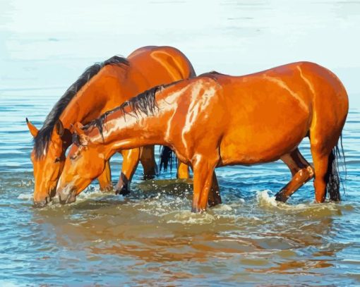 Brown Horses Drinking Water Diamond Painting