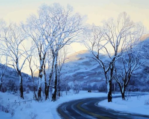 Car On Road to A Mountain In Winter Diamond Painting