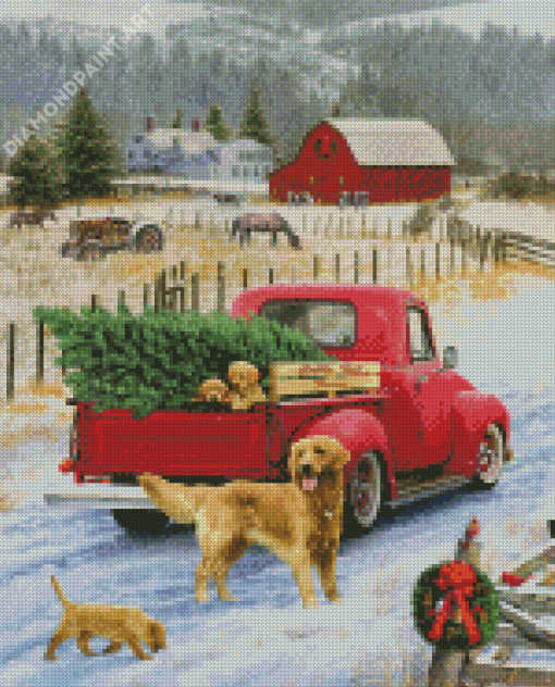 Christmas Red Truck And Barn Art Diamond Painting