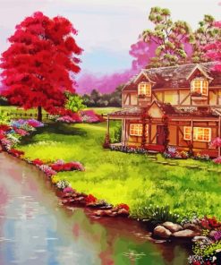 Cottage Garden By River Diamond Painting