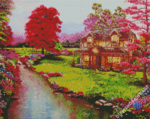 Cottage Garden By River Diamond Painting