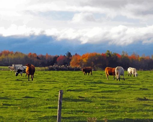 Cows Fall Scene Diamond Painting