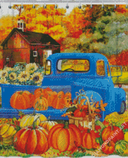 Fall With Blue Truck Diamond Painting