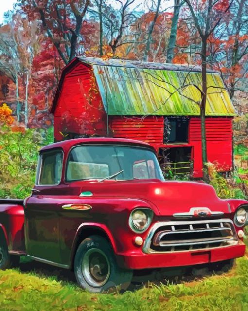 Red Truck Car And Barn Diamond Painting