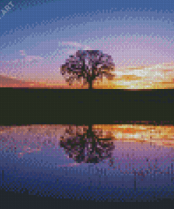 Silhouette Tree By Water At Sunset Diamond Painting