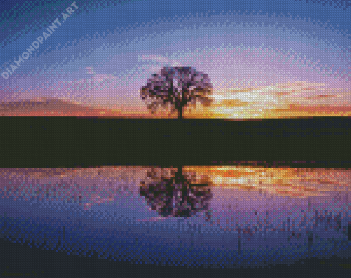 Silhouette Tree By Water At Sunset Diamond Painting