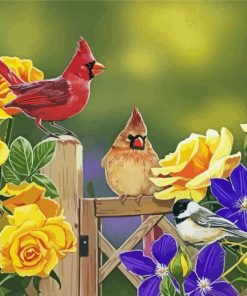 Birds With Flowers And Fence Diamond Painting